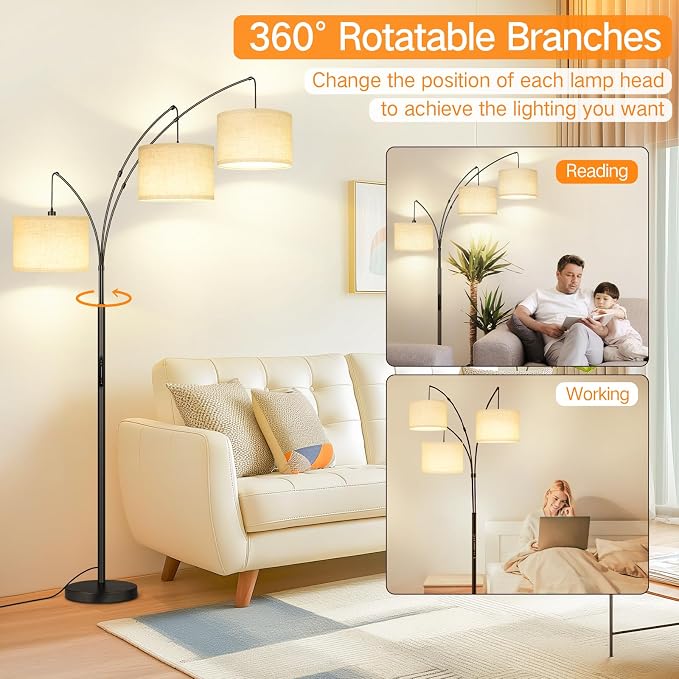 OUTON Arc LED Floor Lamp with Remote & Touch Control, Dimmable Modern Black 3 Light Arched Tall Floor Lamp, Mid Century Adjustable Standing Corner Lamps for Bedroom, Office, Living Room