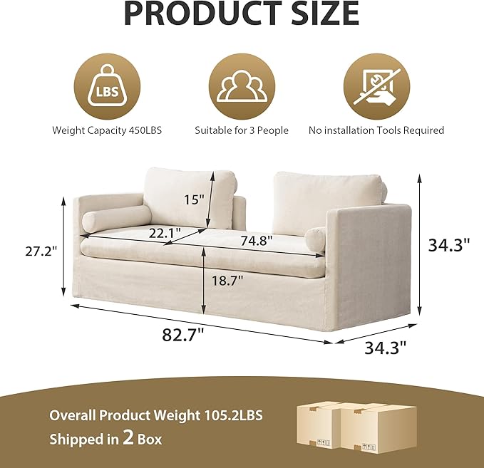 Chifee & Vingol 82.68" Oversized Chaise Lounge Indoor Modern Upholstered 2-Seater Daybed Sofa Bench with Pillows & Armrests Lounge Sleeper Sofa for Living Room Bedroom Office,Beige