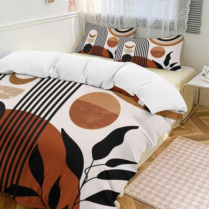 Mid Century Moon Phase Duvet Cover Sets Boho Modern Palm Leaves Arch Minimalist Printed Lightweight Soft Quilt Cover Soft Microfiber 3 Piece (1 Duvet Cover 79x90in + 2 Pillow Sham 20x30in)