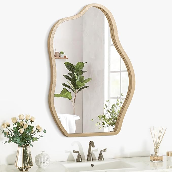 Irregular Mirror for Wall Gold Modern Asymmetrical Large Mirror Wooden Framed Hanging Wall Mirror Unique Shape Vanity Cloud Mirror Decor Decorative for Bedroom Bathroom Living Room Entryway