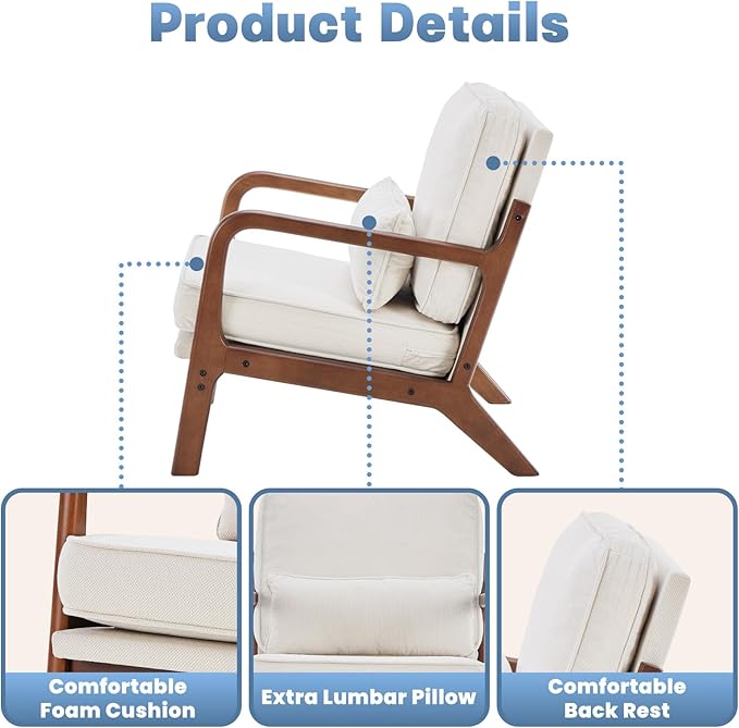 DUMOS Accent Chairs Set of 2,Mid Century Modern Chair with Arms and Waist Cushion, Reading Chairs for Adults, Lounge Chair for Living Room and Bedroom, Solid Wooden Frame, Cream
