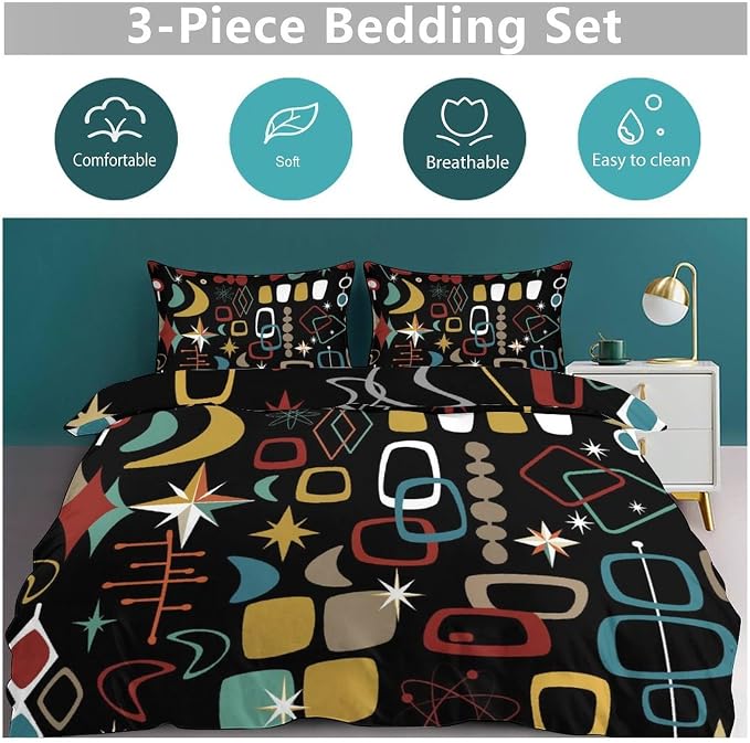 Modern Geometric Comforter Set,Retro Mid Century Colorful Diamond Abstract Geometric Vintage 60s 70s Pattern Bedding Set with Pillowcase for Bedroom Bed Decor,Queen 90"x90"