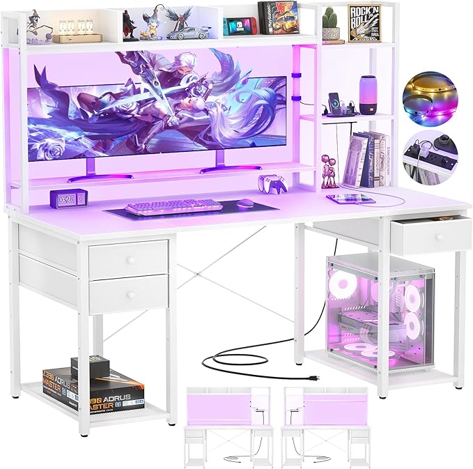 Aheaplus Desk with LED and Outlets, Gaming Desk with Hutch, 55.2'' Computer Desk with Drawers, Reversible Office Desk with Storage Bookshelf Large Workstation Desks with Shelf, Desk for Home, White