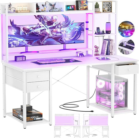 Aheaplus Desk with LED and Outlets, Gaming Desk with Hutch, 55.2'' Computer Desk with Drawers, Reversible Office Desk with Storage Bookshelf Large Workstation Desks with Shelf, Desk for Home, White