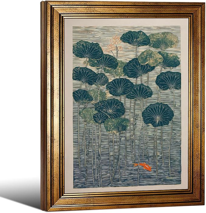 Gold Framed Lotus And Koi Canvas Poster Japanese Floral Botanical Pond Wall Art Retro Oriental Asian Prints Decor for Bedroom Zen Meditation Room Home 16x20 inch