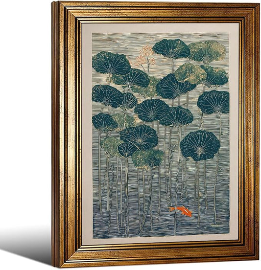 Gold Framed Lotus And Koi Canvas Poster Japanese Floral Botanical Pond Wall Art Retro Oriental Asian Prints Decor for Bedroom Zen Meditation Room Home 16x20 inch