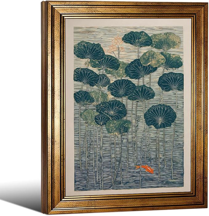 Gold Framed Lotus And Koi Canvas Poster Japanese Floral Botanical Pond Wall Art Retro Oriental Asian Prints Decor for Bedroom Zen Meditation Room Home 12x16 inch