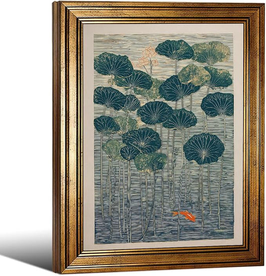 Gold Framed Lotus And Koi Canvas Poster Japanese Floral Botanical Pond Wall Art Retro Oriental Asian Prints Decor for Bedroom Zen Meditation Room Home 12x16 inch