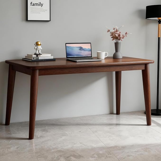 Solid Rubberwood Writing Desk Modern Wooden Computer Table for Bedroom Home Office Study Apartment Small Space Workstation with Tapered Legs,Spacious Tabletop (Walnut,55.12"L x 19.69"W x 29.53"H)