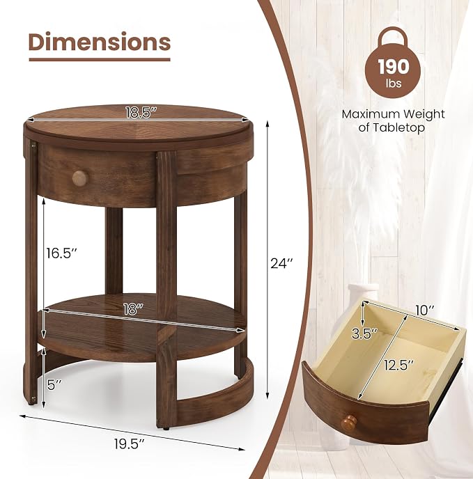 Giantex Round Side Tables Set of 2, 2-Tier Retro End Tables with Drawer & Shelf, Wooden Accent Tables with Antique Wood Grain Finish, Vintage Nightstands for Living Room Bedroom, Walnut