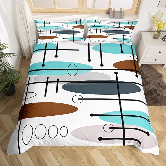 Erosebridal Mid Century Duvet Cover King Modern Minimalist Bedding Set, Hippie Old Fashion Comforter Cover Abstract Artwork Bed Set, Aesthetic Lines Circles Bedding Teal White Grey (Zipper Closure)