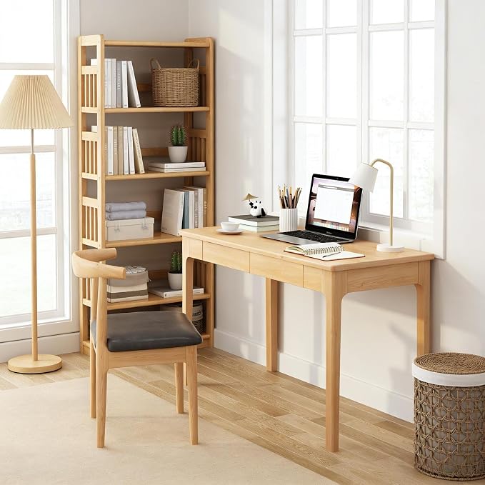 Solid Wood Desk with Drawers, Mid Century Modern Home Office Writing Desk, Vintage Computer Desk with Storage for Living Room, Bedroom(80x56x75cm, Natural)