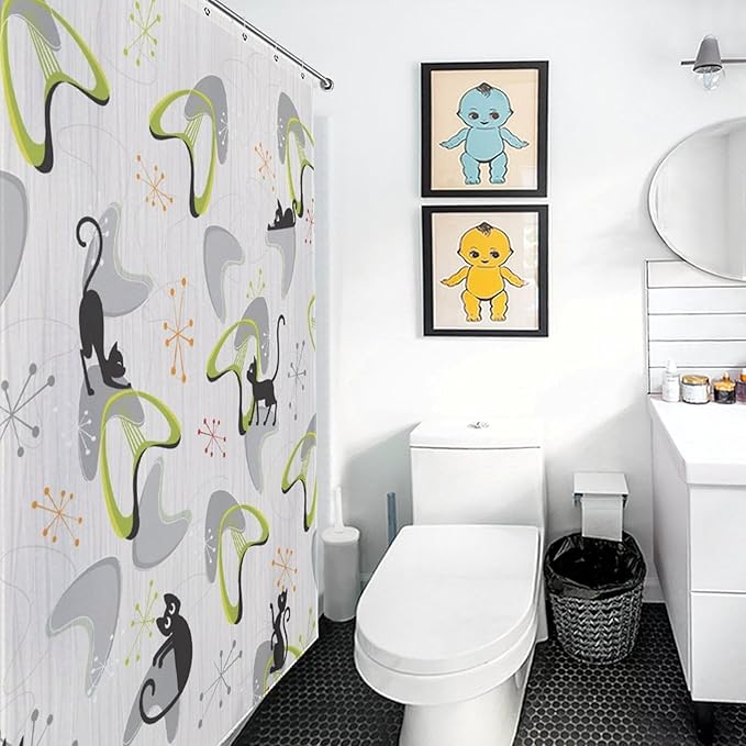 Mid Century Shower Curtain for Bathroom, Retro Geometric Modern Black Cat Abstract Atomic Pattern Lovely Kittey Rustic 1950s 1960s Grey Waterproof Fabric Shower Curtain Set with Hooks,72"x78" Inch