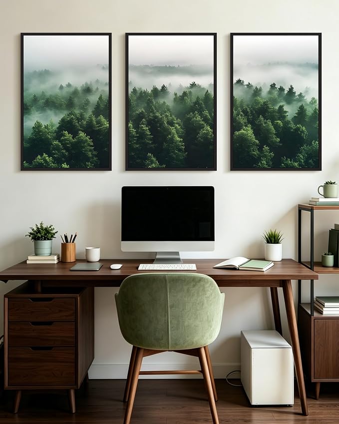 KUVIOKE Green Fog Pine Tree Framed Wall Art Nature Nordic Misty Forests Artwork Morden Painting Bedroom Decor 24x36in (Black Framed)