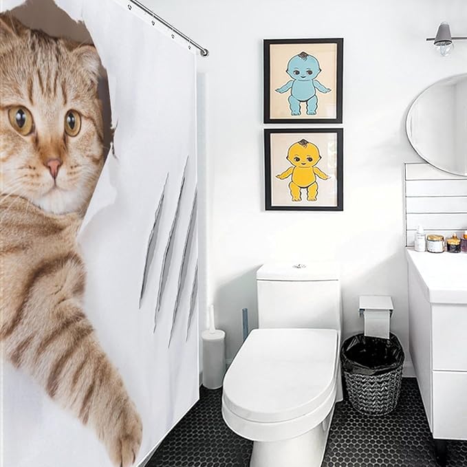 Cat Shower Curtain Funny Cat Hole Claw Scratches Playful Pet Pattern Duty Fabric Shower Curtains Set Bathroom Polyester Waterproof with 12 Hooks, 55x72Inch（140x183cm）