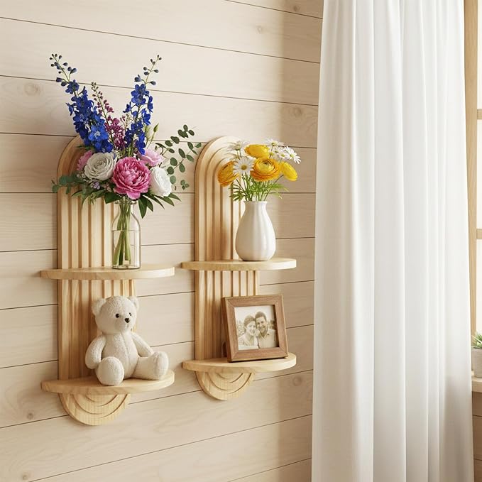 Boho Wall Shelves with Arched Wooden Design, Mid Century Modern Decor Plant Wall Shelf Set of 2, Double Floating Shelves for Home Living Room Bathroom Bedroom, 23.6 x 11.8 Inches (Natural)