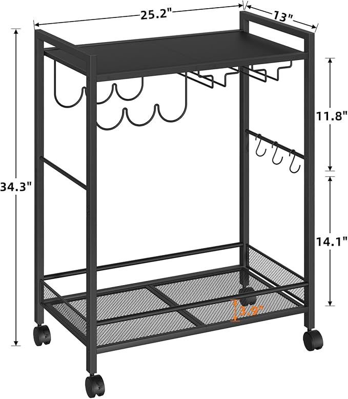 Bar Cart, Home Bar Serving Cart with 2-Tier Shelf,Rolling Beverage Cart with Wheels,Mobile Kitchen Shelf,Modern Black Wine Drink Cart with Wine Rack and Glass Holder for Kitchen,Dinning Room