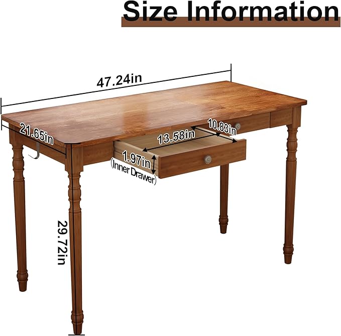 Vintage Solid Wood Writing Desk - 47.2" Mid Century Modern Desk with 2 Drawers, Wooden Computer Desks for Home Office, Large Secretary Desks, Traditional Vanity Dressing Table for Bedroom, Walnut