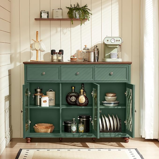 Large Sideboard Buffet Cabinet Set of 2 with Storage,48" Credenza with 3 Glass Doors & 3 Drawers,Adjustable Shelves Coffee Bar,Wood Kitchen Console Table for Dining Room,Green