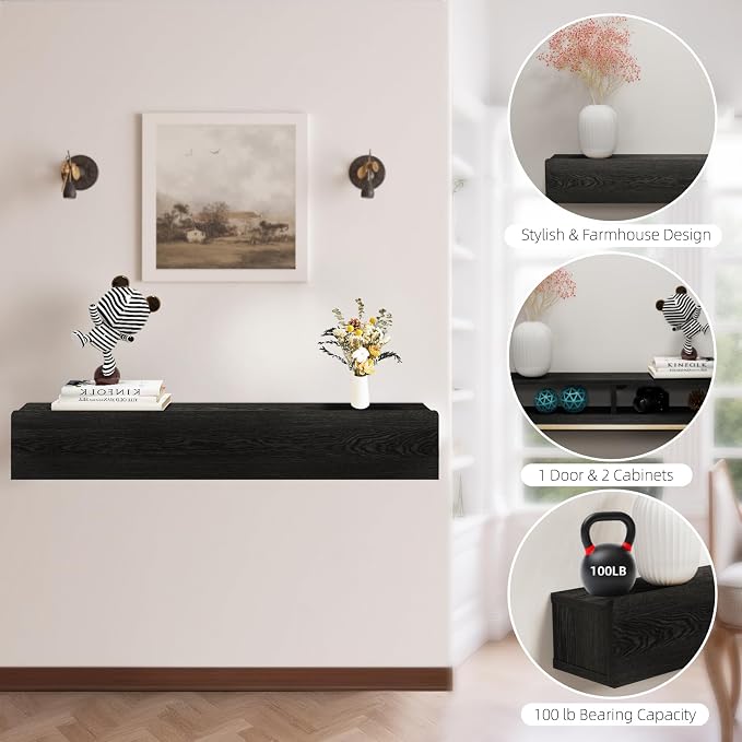 Floating Solid Wood Console Table, 32'' Wall Mounted Narrow Entryway Table with Storage Shelf, Modern Couch Shelves Small Entry Way Tables for Entryway, Front Hall, Hallway (Black)