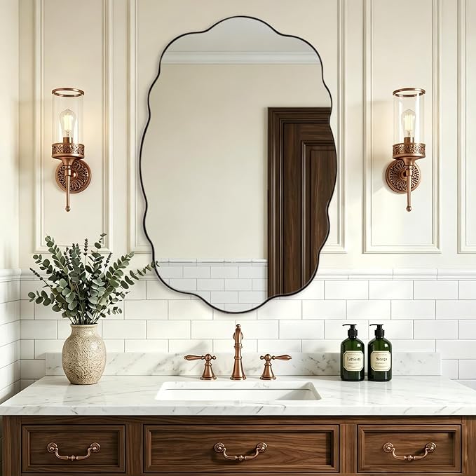 ANDY STAR Bronze Bathroom Mirror -24x36 Inch Wavy Oval Mirror for Vanity, Wavy Scalloped Wall Mirror with Stainless Steel Frame Hang Vertically or Horizontally