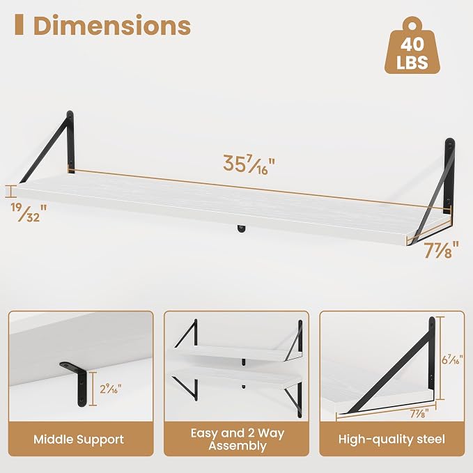 Heimlove Floating Book Shelves for Wall,35.4 Inches Long Wall Mounted Bookshelves,Heavy Duty Bracket Shelves for Living Room Kitchen,Laundry Room Storage & Decor,Set of 3,White