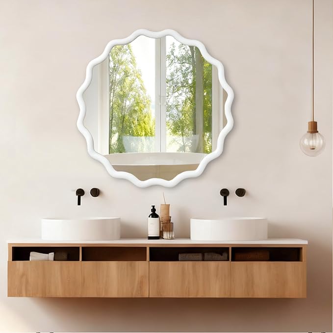 36 Inch Wooden Wavy Round Wall Mirror, Modern Solid Wood Frame Circle Decorative Accent Mirror for Bedroom, Bathroom, Living Room, Entryway, White