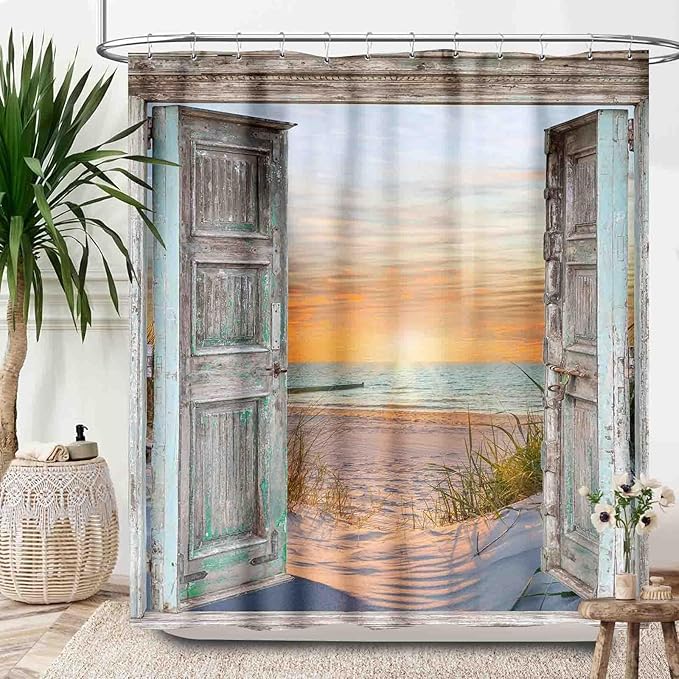 Beach Coastal Shower Curtain,Ocean Sunrise Seaside Seascape Nautical Beachy Shower Curtain,Rustic Barn Door Seashore Fabric Waterproof Bathroom Curtain with Hooks,72x84Inch