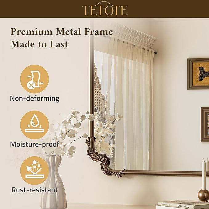 TETOTE Vintage Antique Gold Rectangle Mirror for Mantle Fireplace 48 x 32 Traditional Baroque Ornate Scroll Wall Mirror with Rounded Corner Metal Frame for Living Room Bedroom, Horizontal/Vertical