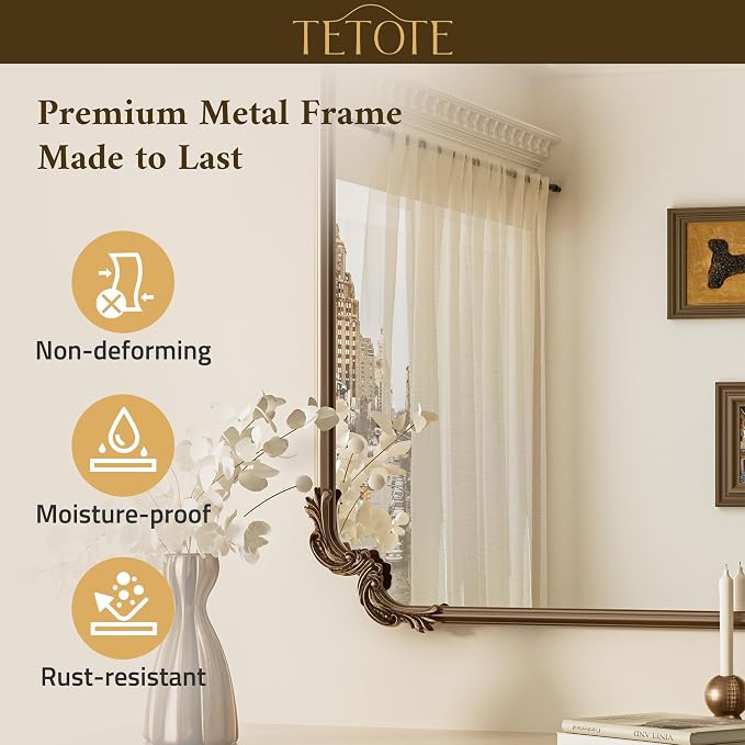 TETOTE Vintage Antique Gold Rectangle Mirror for Mantle Fireplace 60 x 30 Traditional Baroque Ornate Scroll Wall Mirror with Metal Frame for Living Room Bedroom, Horizontal/Vertical