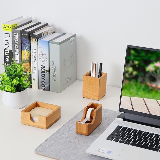 MultiBey Solid Cherry Wood Desk Organizer Set, Wood Tape Dispenser with Refill Rolls, Wooden Pen Holder, Wood Post It Note Holder for Office & Home Desk Supplies (3-Piece Set)