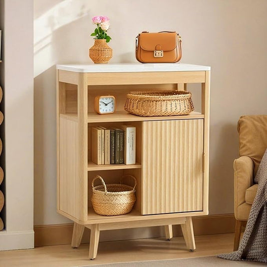 Fluted Floor Bathroom Cabinet with Sliding Door, Modern 3 Drawers Storage Organizer with Adjustable Shelf, Mid Century Bathroom Cabinet with Curved Edge for Bathroom Dining Room (Natural Oak)