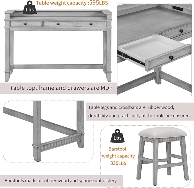 VilroCaz 4-Piece Counter Height Extra Long Dining Table Set with 3 Drawers and Upholstered Stools, Rubber Wood Dining Table Set Home Bar Set with Footrest and USB Port (Grey-B1)