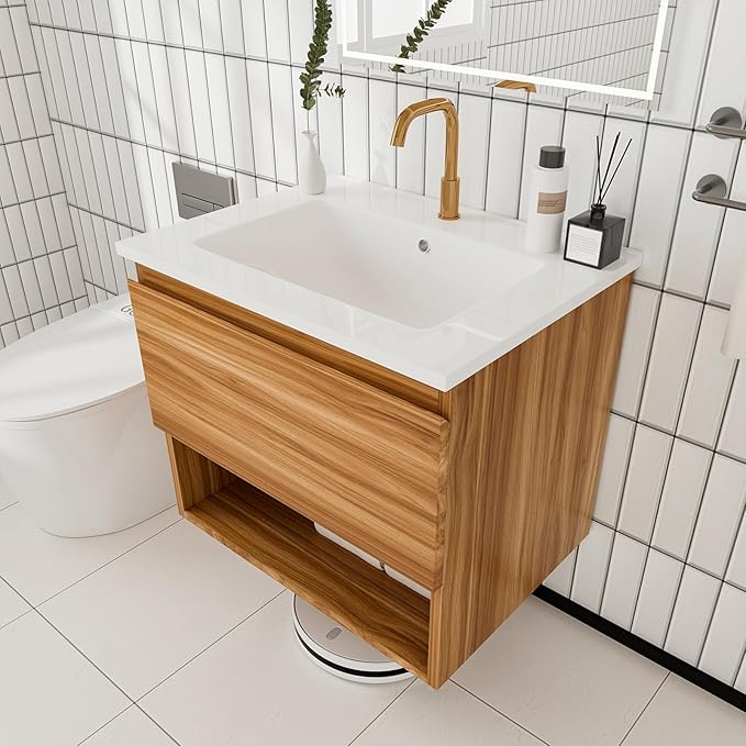 24 Inch Floating Bathroom Vanity with Sink, Modern Wall Mounted Bath Cabinet with Ceramic Top, Soft-Close Drawer & Open Shelf (Red Walnut/White Sink)