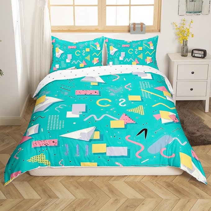 Retro 80s Style Bedding Set Twin,Abstract Geometric Pattern Duvet Cover Urban Modern Design with Circles and Triangle Comforter Cover Colorful Pop Art Inspired Pattern Quilt Cover for Boys Child