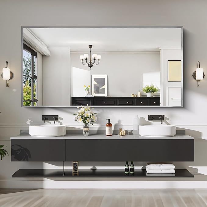 CIRCUMI Silver Bathroom Mirror, 72"x36" Rectangular Mirror with Deep Metal Frame, Brushed Finish, Tempered Glass, Large Mirror for Wall, Over 2 Sinks, Installed Vertically/Horizontally, Crystal-Clear