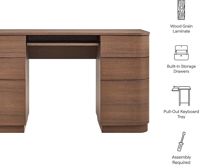 Modway Mirae 55 Inch Computer Desk with Drawers in Brushed Brown Oak – Modern Compact Office Desk with Keyboard Tray, Curved Edges, and 6 Storage Drawers for Bedroom, Dorm Room, or Vanity Setup