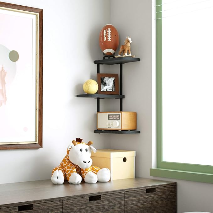 Love-KANKEI Corner Shelf Wall Mount of 3 Tier Rustic Wood Floating Shelves for Bedroom Living Room Bathroom Kitchen Office and More Black
