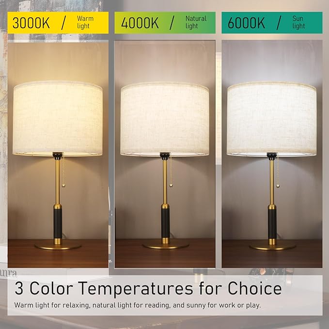 21" Set of 2 Mid Century Modern Table Lamp with Pull Chain Switch, 3-Color Bedside Lamps for Bedroom Living Room, Solid Wood/Metal/Fabric Nightstand Lamp for Home Office (Light Brown+Brass)