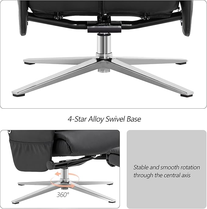 MCombo Swivel Recliner with Ottoman, Modern Heavy-Duty Aluminum Base, Faux Leather Lounge Chair for Small Space, Living Room, or Office 4603 (Black)