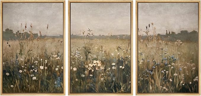 SIGNWIN Framed Canvas Print Wall Art Set Wildflower Meadow Rustic Floral Field Landscape Illustrations Modern Art Decorative Rustic Calm/Zen for Living Room, Bedroom, Office - 16"x24"x3 Natural