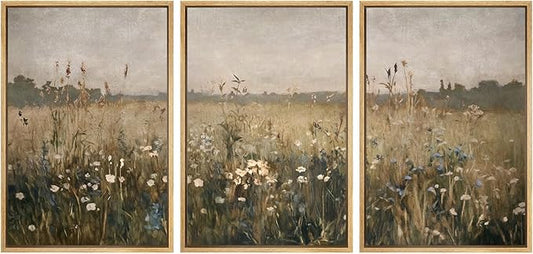 SIGNWIN Framed Canvas Print Wall Art Set Wildflower Meadow Rustic Floral Field Landscape Illustrations Modern Art Decorative Rustic Calm/Zen for Living Room, Bedroom, Office - 16"x24"x3 Natural