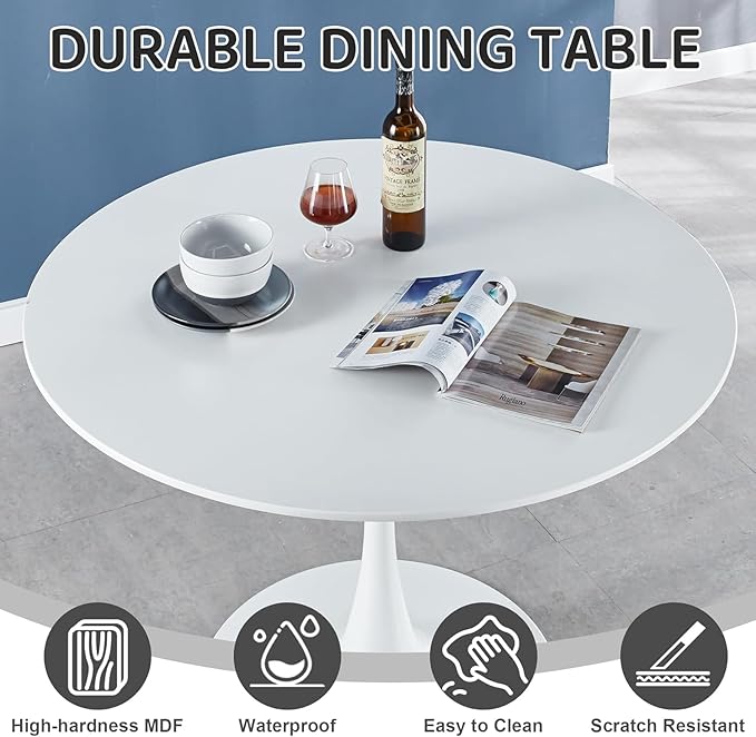 42 Inch White Round Dining Table for 4-6 Person,Modern White Tulip Table,Mid-Century Leisure Table Kitchen Dining Table with MDF Tabletop and Pedestal Base for Home Kitchen