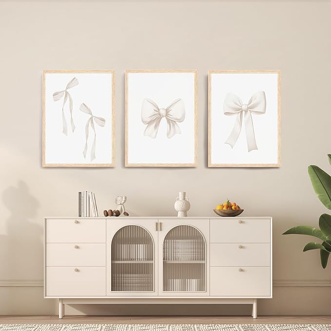 PicturePerfect Decor Set of 3 Bow Wall Art, 12x16Inch Framed Canvas Prints - Cream Ribbon Wall Decor for Bedroom Living Room Nursery Home Office, Minimalist Feminine Decor with Light Wood Frame