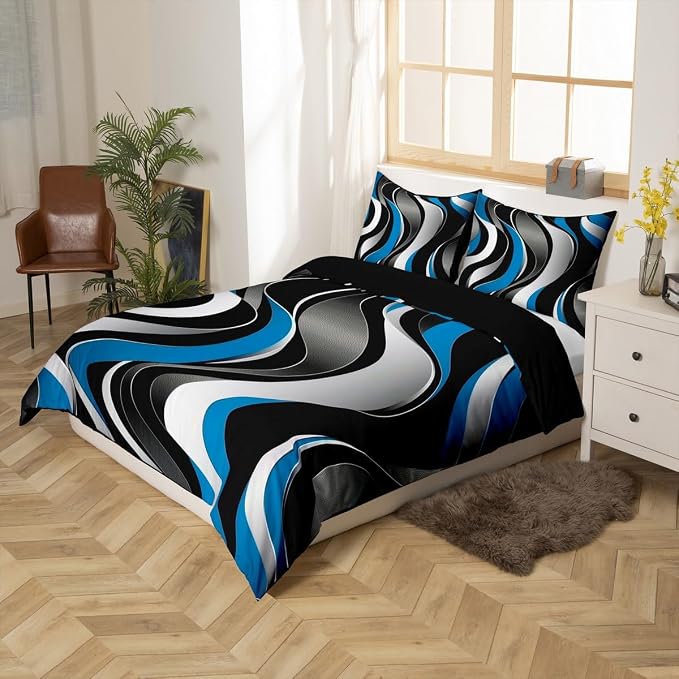 Erosebridal Geometric Wavy Lines Duvet Cover Queen for Kids Teens Adults,Minimalist Abstract Art Comforter Cover,Modern Aesthetic Bedding Set,Blue Grey Black Bed Set with 2 Pillowcases Bedroom Decor