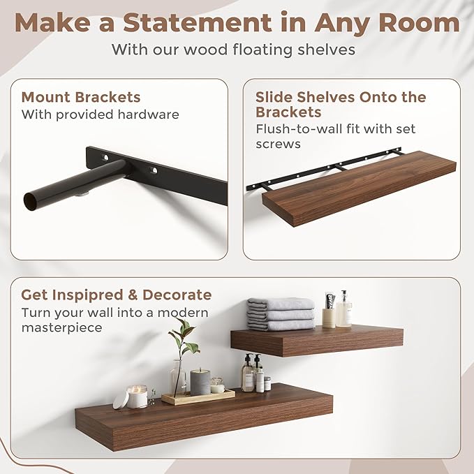 Marsmiles 12" Deep Floating Shelves for Wall with Invisible Brackets, Wall Mounted Engineered Wood Shelves with Wood Grain for Living Room, Bedroom, Kitchen Decor and Storage, 72" L Set of 1, Walnut