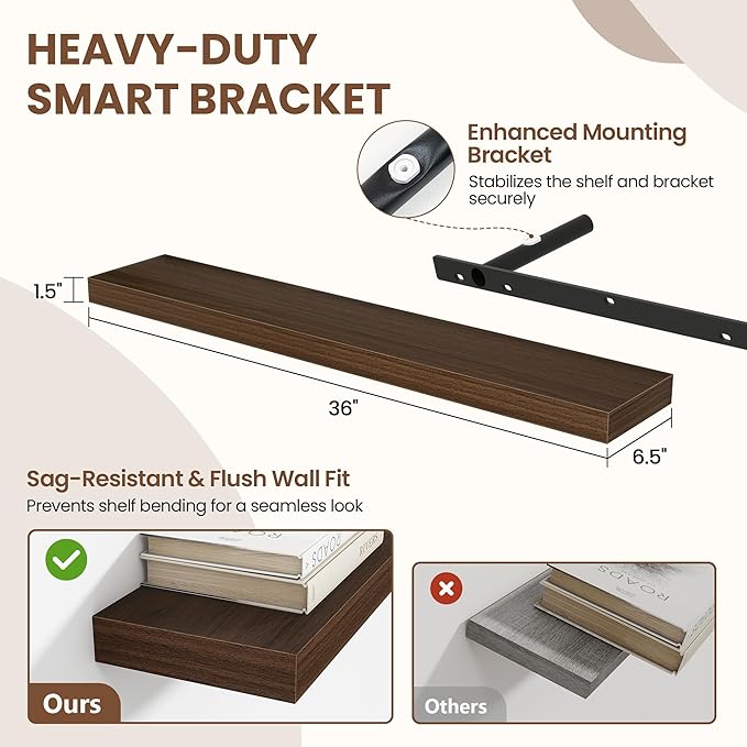 36 Inch Floating Shelves for Wall 2 Pack, 36" Wall Shelves for Books, Storage, Decor, Wall Mounted Floating Shelf with Invisible Brackets for Kitchen, Living Room, Walnut