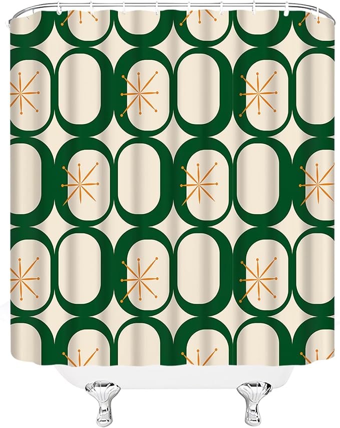 Mid Century Modern Shower Curtain Abstract Atomic Geometric Round Squares Retro 50s Green Fabric Curtain with Hooks for Bathroom Decor,70x70 Inch