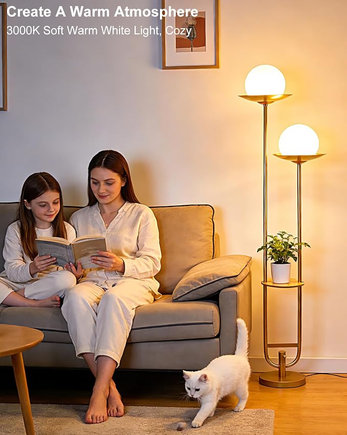 Lightdot 63IN Gold Floor Lamp 2 Globe Mid Century Standing Lamps Dimmable with 3000K Warm White LED Bulbs Unique Vintage Tall Floor Lamp with 5Lbs Heavy Base for Living Room/Wedding/Party