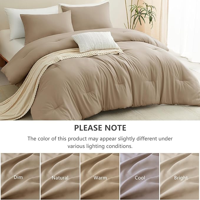 CozyLux Full Size Comforter Set Taupe, 3 Pieces Lightweight Down Alternative Quilted Bedding Sets, All Season Soft Breathable Solid Comforter with 2 Pillowcases, Luxury Bed Set Gift for Home